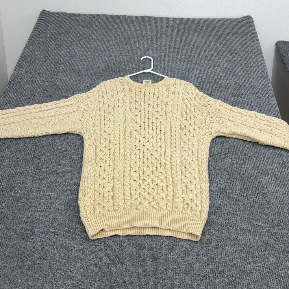 Vintage Aran Country Sweater Men M Cream Wool Cable Knit Fisherman Crewneck Cozy